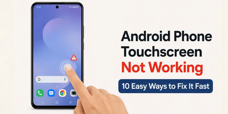 Android phone with a finger touching an unresponsive screen, warning icon, and text explaining 10 easy ways to fix touchscreen issues.