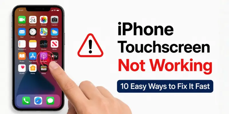 iPhone touchscreen not working image showing an unresponsive display, warning icon, and repair guide text with quick troubleshooting tips.