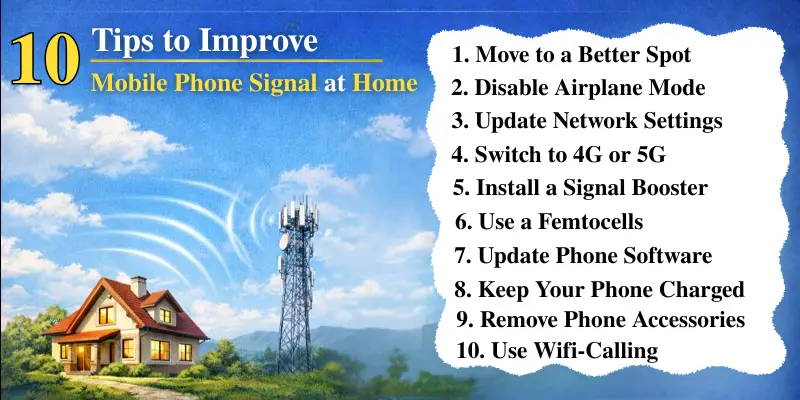 10 tips to improve mobile phone signal at home including Wi-Fi calling, 4G/5G switching, signal boosters, and network updates.