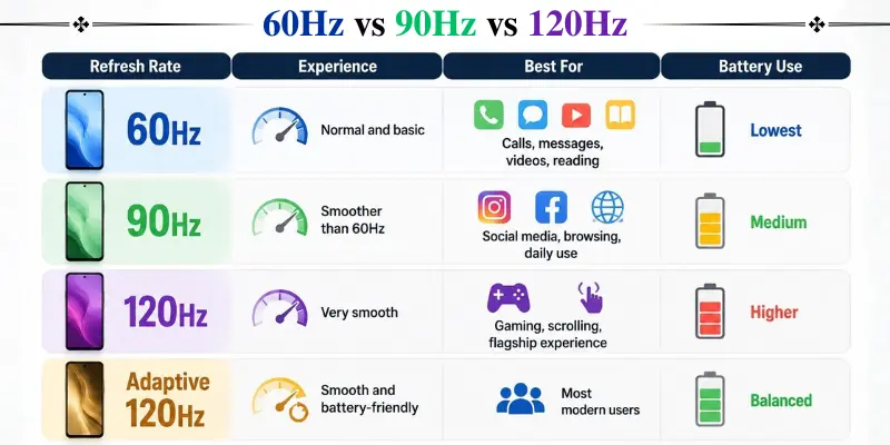 60Hz, 90Hz, 120Hz, and adaptive 120Hz refresh rate chart compares phone smoothness, best use cases, and battery impact.