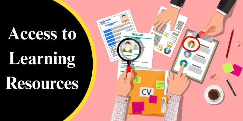 "Access to learning resources with resumes, CVs, and documents being reviewed with magnifying glass and hands.
