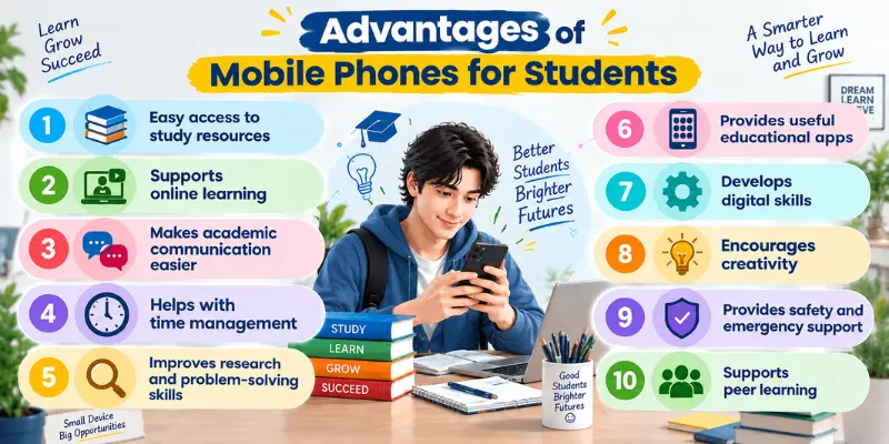 Student using a mobile phone with infographic showing advantages of mobile phones for students including learning, skills, and support.
