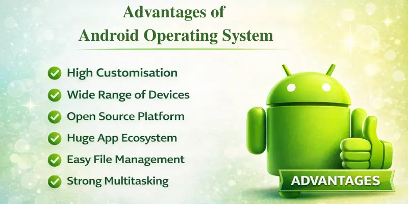Advantages of Android operating system infographic showing high customization, wide device range, open source, apps ecosystem, and multitasking.