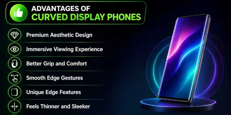 This image highlights the major advantages of curved display phones with icons and a modern curved smartphone design.