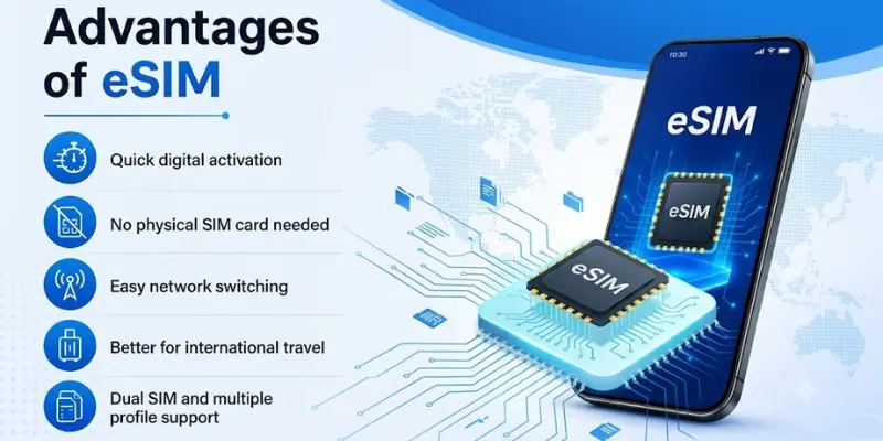 Blue eSIM advantages infographic showing a smartphone, embedded eSIM chip, digital circuits, and five key eSIM benefits.