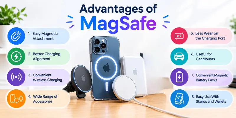 Advantages of MagSafe showing magnetic charging, accessories, car mounts, battery packs, and convenient wireless charging benefits.