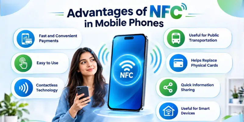 Infographic showing NFC advantages in mobile phones with a woman holding a smartphone, NFC icon, payments, transport, and smart devices.