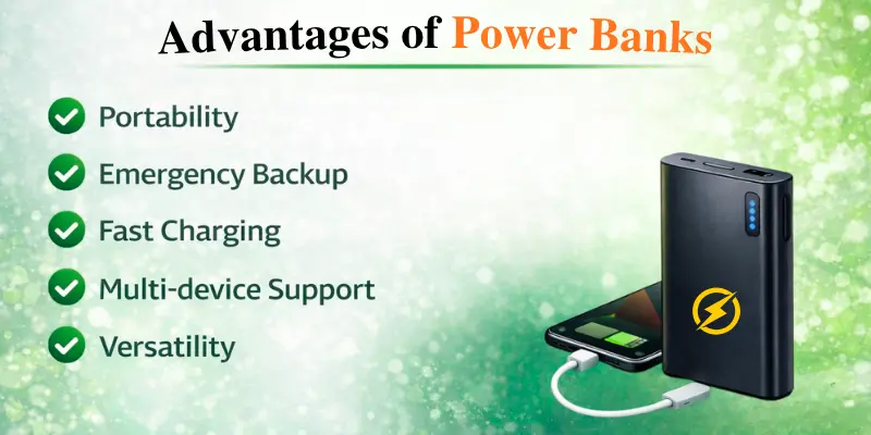 Infographic displaying power bank advantages: portability, emergency backup, fast charging, multi-device support, and versatility with a charging phone.