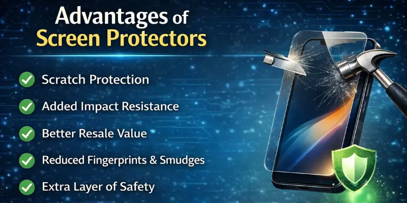 This image highlights the advantages of screen protectors for mobile phones, such as scratch protection, impact resistance, and an extra layer of safety.