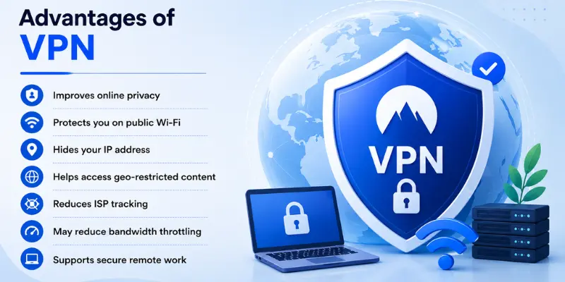 Advantages of VPN infographic with a blue VPN shield, secure laptop, server stack, Wi-Fi icon, globe, and privacy benefits list.
