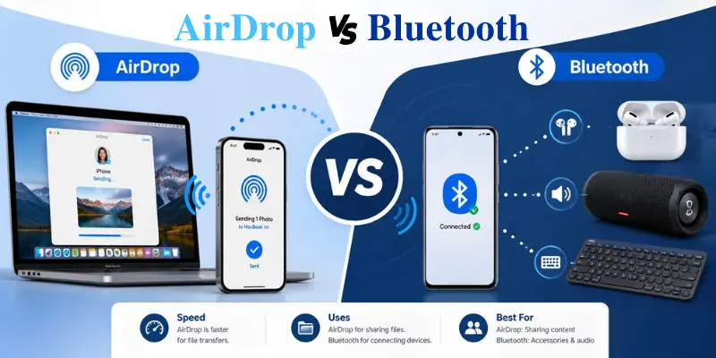 AirDrop vs Bluetooth image showing MacBook, iPhones, earbuds, speaker, keyboard, wireless icons and central VS comparison view.