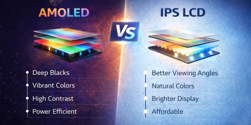 AMOLED vs IPS LCD screen comparison showing advantages like deep blacks, vibrant colors, better viewing angles, and natural colors.