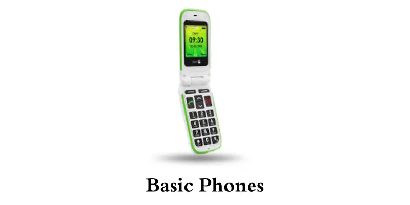 Basic phone with a simple flip design, featuring large buttons and a green digital display showing the time.