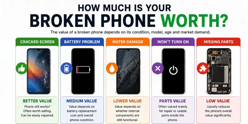 Infographic showing broken phone value by damage type, including cracked screen, battery problems, water damage, power failure, and missing parts.