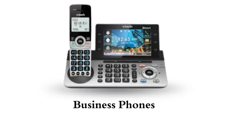 Business phones with a sleek design, featuring a large touchscreen and traditional handset for efficient communication.