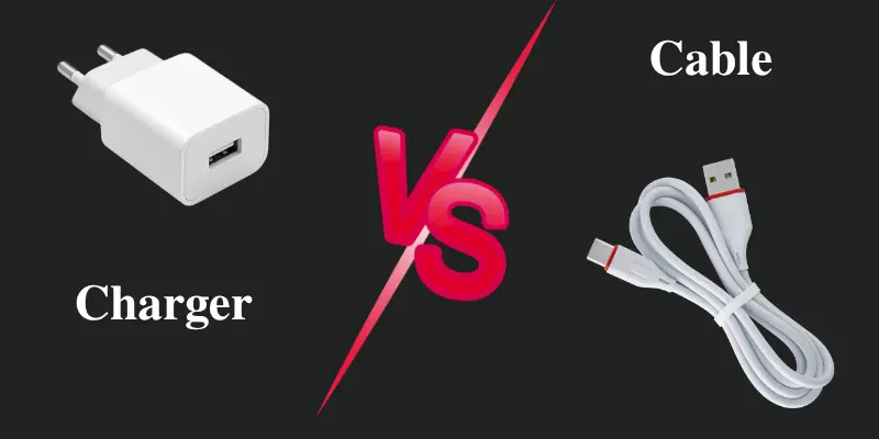 Phone charger vs cable comparison with a white charger on the left, a USB cable on the right, and the text 'vs' between them on a dark background.