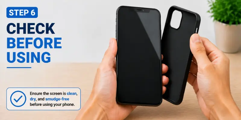 Step 6 shows checking a clean mobile phone screen before use, with a protective case ready to reinstall after safe cleaning.
