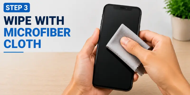 Step 3 shows cleaning a mobile phone screen with a microfiber cloth to remove dust, fingerprints, and smudges safely.