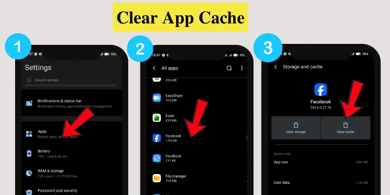 Android phone showing steps to clear app cache: open Settings > Apps > select app > Storage & cache > Clear cache button.