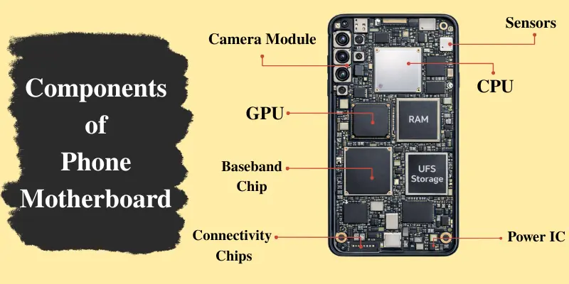 This image shows a smartphone motherboard with labeled internal components and chips. It highlights CPU, GPU, RAM, storage, sensors, and connectivity parts clearly.