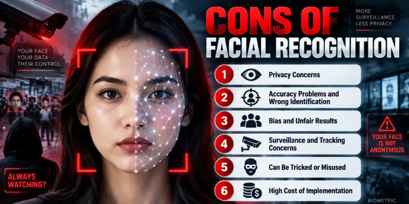 Infographic showing facial recognition cons, including privacy concerns, inaccurate identification, bias, surveillance, misuse, and high costs.