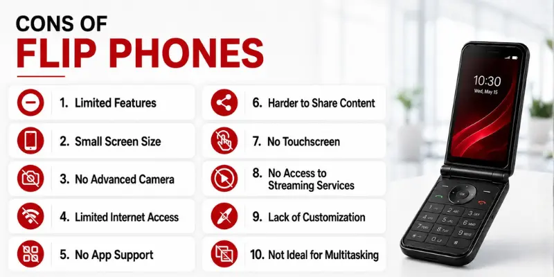 Open black flip phone on desk with red icons and text showing 10 cons, highlighting disadvantages of flip phones clearly.