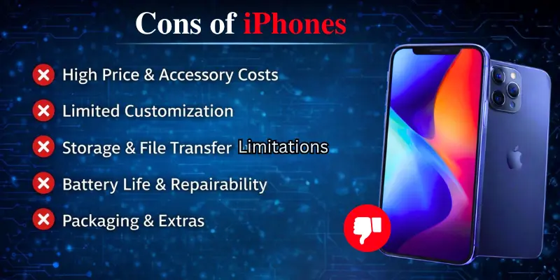 Infographic showcasing cons of iPhones including high price, limited customization, storage limitations, battery life issues, and packaging concerns.