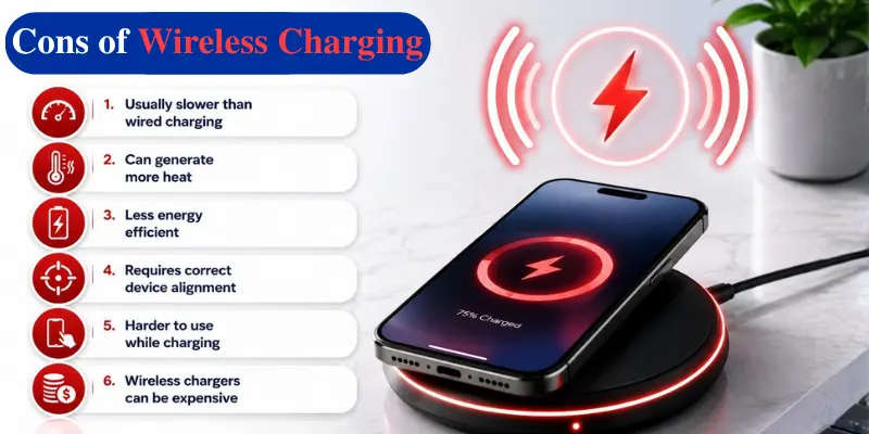 Infographic showing cons of wireless charging with a smartphone on charging pad, highlighting slower charging, heat, and cost.
