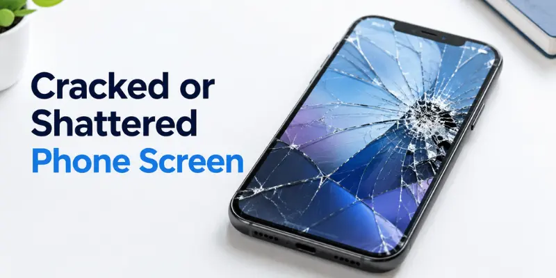 Cracked or shattered phone screen showing common mobile display damage problem with broken glass and repair issues for smartphone users