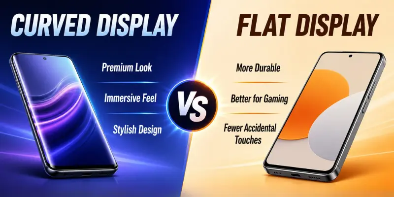 Side-by-side comparison of smartphones with curved display on left showing premium look, immersive feel; flat display right more durable.