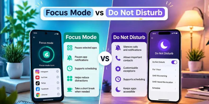 Focus Mode vs Do Not Disturb comparison showing two phones, app limits, silenced alerts, scheduling, and notification settings.