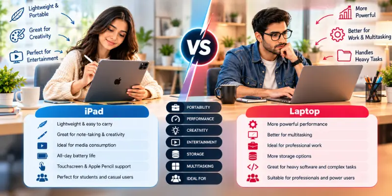 iPad vs laptop comparison showing a woman using a tablet and a man working on a laptop, with key features and benefits.