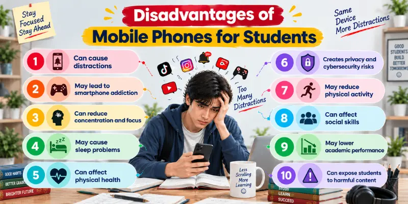 Student using a mobile phone with infographic showing disadvantages of smartphones for students, including distraction, risks, and health issues.