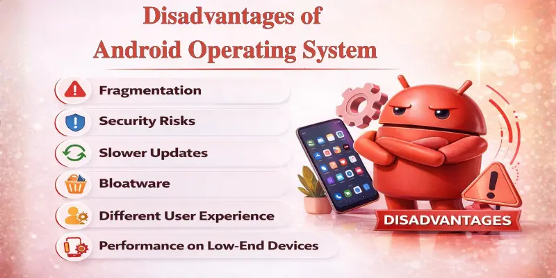 Disadvantages of Android operating system infographic showing fragmentation, security risks, slower updates, bloatware, and inconsistent user experience.