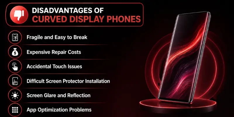 This image highlights the major disadvantages of curved display phones with icons and a modern curved smartphone design.