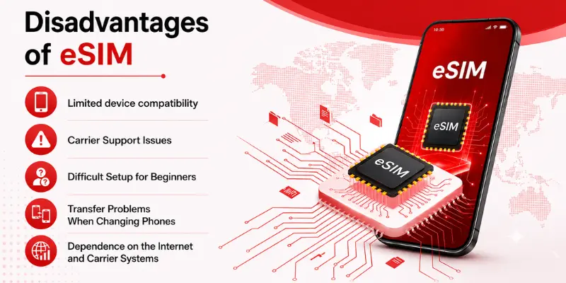 eSIM disadvantages infographic featuring a smartphone, embedded eSIM chip, red digital circuits, and five key limitations.