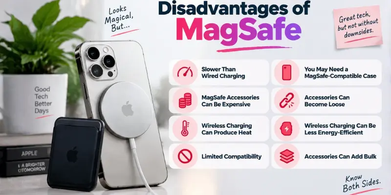 Infographic showing MagSafe disadvantages, including slower charging, costly accessories, heat, limited compatibility, loose fit, and bulk.