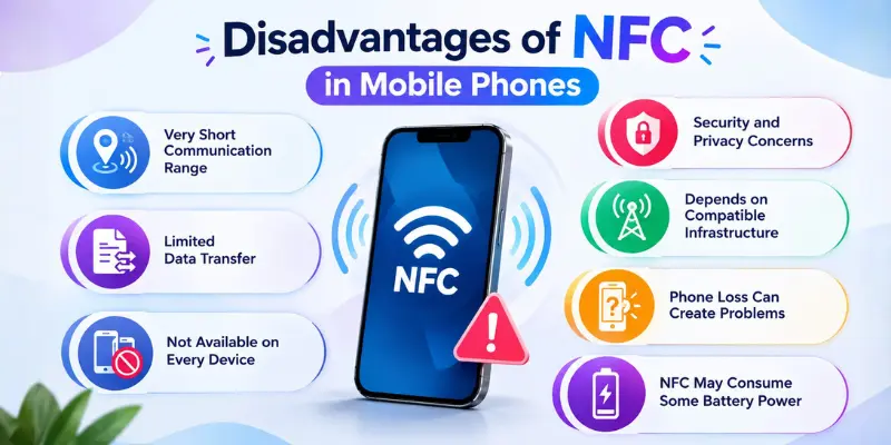 Infographic on NFC disadvantages in phones, including short range, limited data transfer, security, device and battery issues.