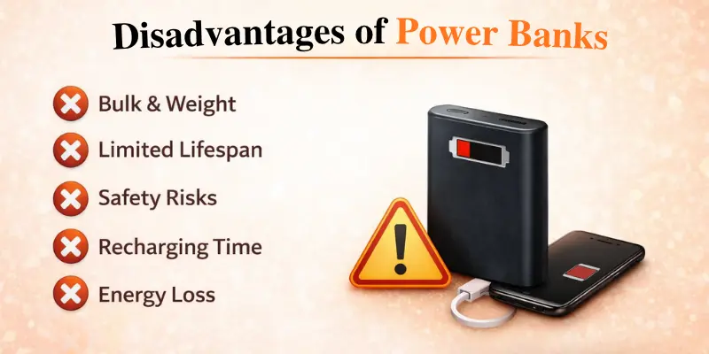 Infographic showing the disadvantages of power banks: bulk and weight, limited lifespan, safety risks, slow recharging, and energy loss, with a red battery symbol and warning sign on a mobile phone charging.