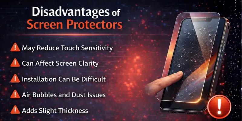 This image highlights the disadvantages of using screen protectors, such as reduced touch sensitivity, difficulty in installation, and potential air bubbles.