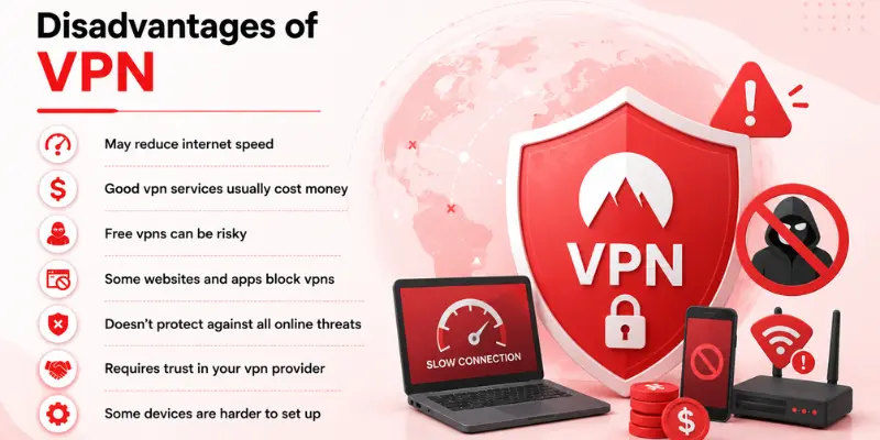 Disadvantages of VPN infographic with a red VPN shield, slow connection laptop, blocked user icon, router, and warning symbols.