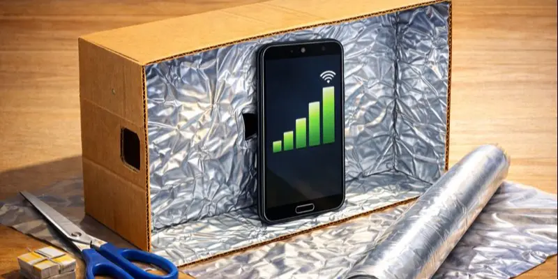 DIY mobile phone signal booster using a cardboard box and aluminum foil to improve weak network signal strength at home.