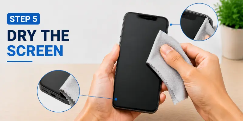 Step 5 shows drying a mobile phone screen with a microfiber cloth to remove moisture from edges, ports, and display safely.