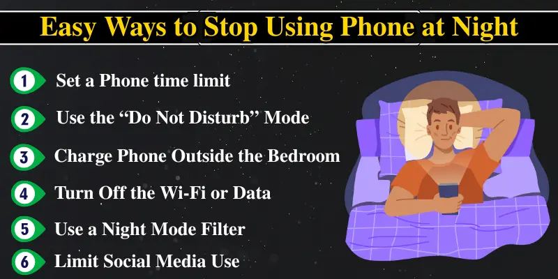 Easy ways to stop using your phone at night with tips on time limits, Do Not Disturb mode, and reducing social media.
