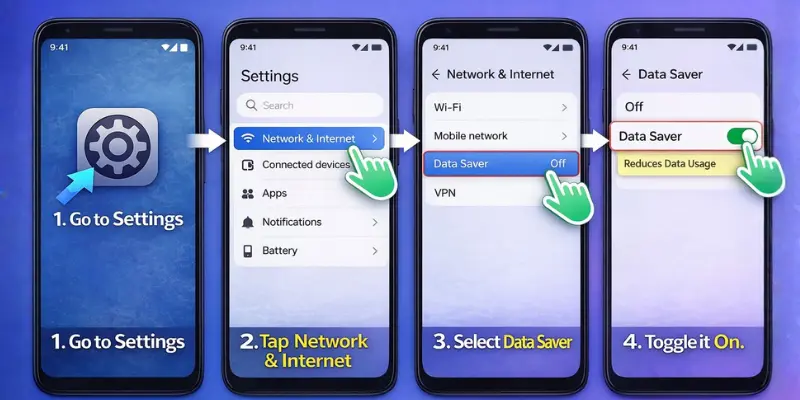 Android phone showing step-by-step guide: open Settings, tap Network & Internet, select Data Saver, and toggle it On.
