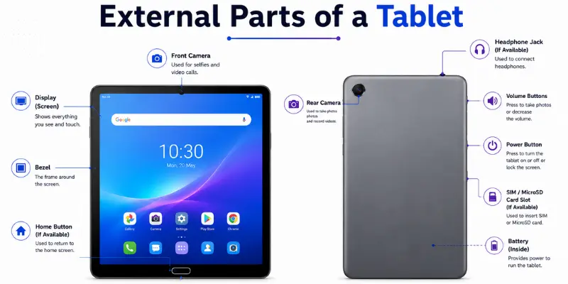 External tablet parts diagram showing the display, bezel, cameras, buttons, speaker, USB port, headphone jack, and card slot.