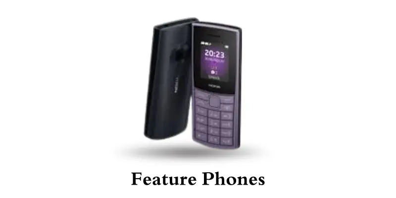 Feature phone with a sleek black and purple design, featuring a small display and a simple keypad for basic functionality.