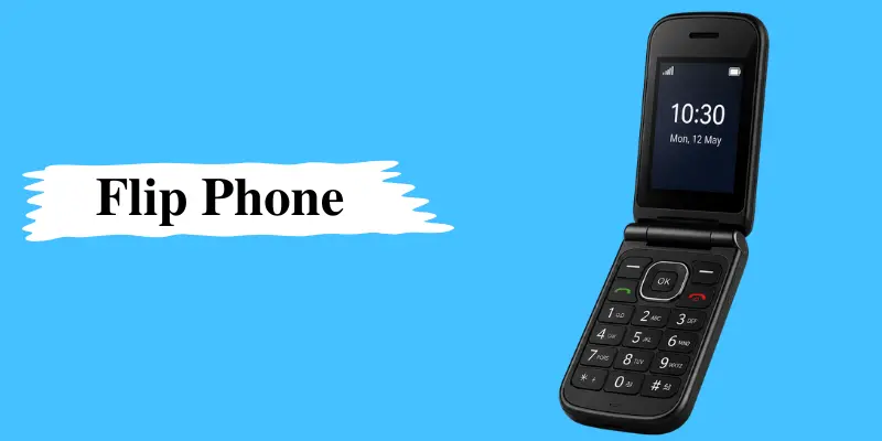 Black flip phone open on a blue background showing screen with time, keypad, and text “Flip Phone” in bold letters.