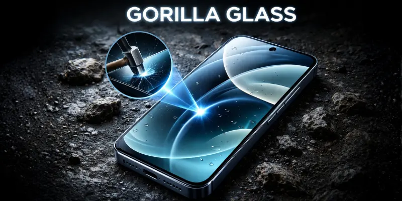 Gorilla Glass smartphone screen showing strong protection with hammer impact test on rough surface and bold Gorilla Glass text display