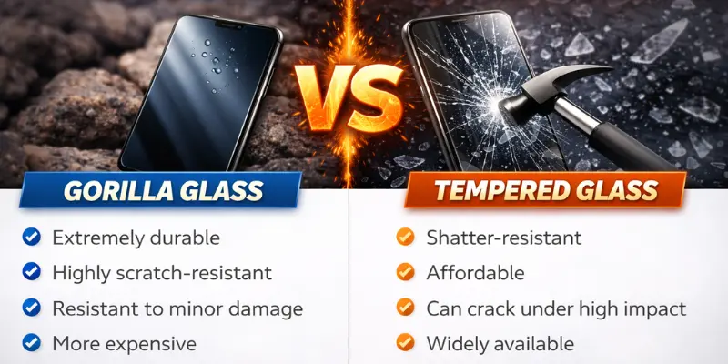 Gorilla Glass vs Tempered Glass comparison showing durability, scratch resistance, affordability, and impact damage differences.